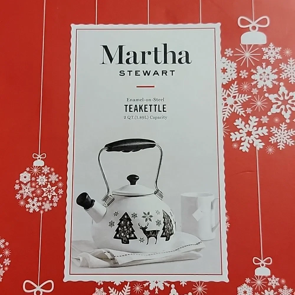MARTHA STEWART HOLIDAY TEAKETTLE, WHITE WITH BLACK REINDEER, TREES, SNOWFLAKES
